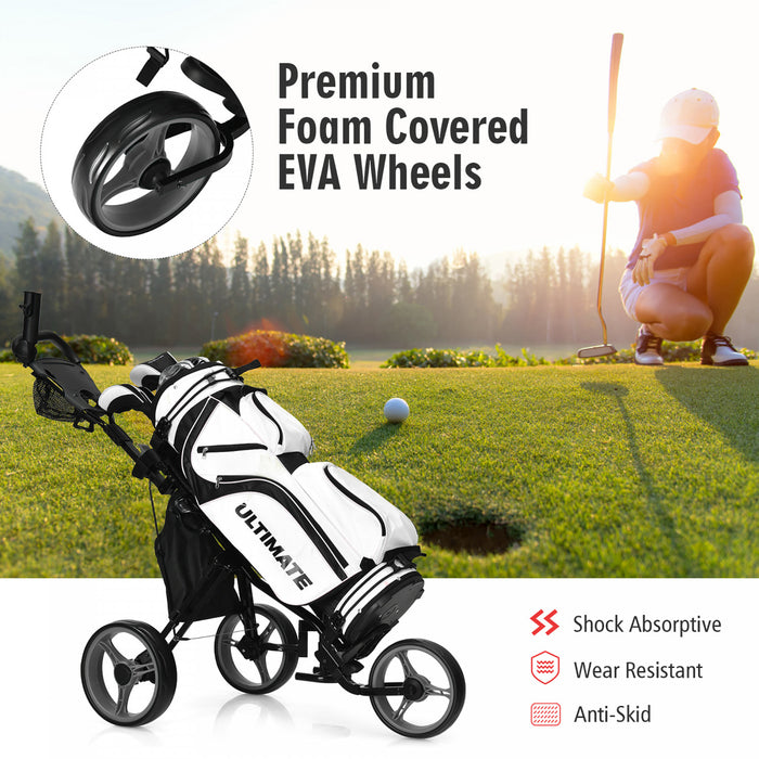 Goplus Pliant 3 Roues Golf Push Cart W/seat Tableau De Bord Poignee Reglable Gris
