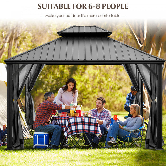 Costway 12ft X 10ft Hardtop Gazebo Exterieur A 2 Niveaux En Acier Galvanise Canopy Gris