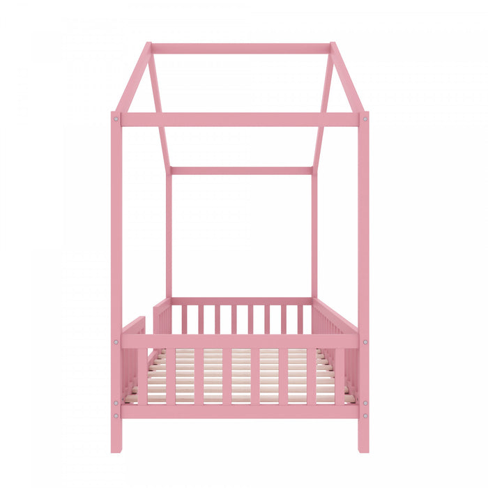 Paul Lit Montessori au sol avec baldaquin et barrieres hautes, Taille Simple, Rose