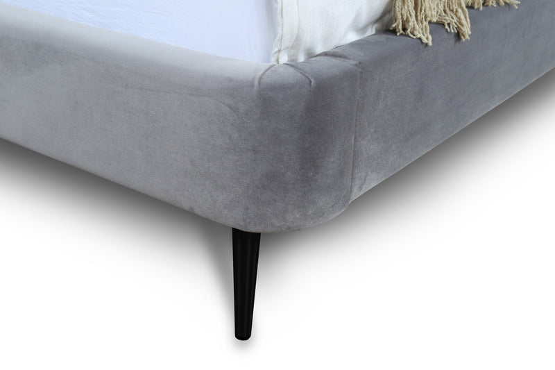 Lit Queen Heather style milieu du siecle moderne, rembourre en velours gris et noir