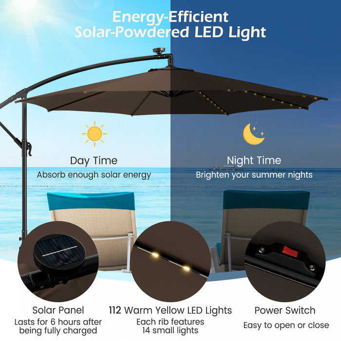 Costway Parasol deporte cantilever 10FT 112 LED solaire avec manivelle et inclinaison pour exterieur