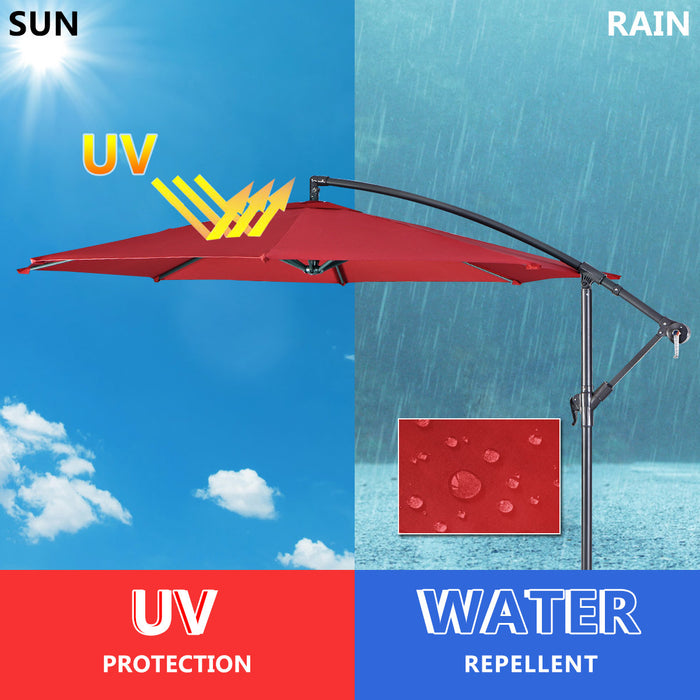 Costway Parasol suspendu 10' pour patio, ombre solaire decalee avec base T Croix Marche Bourgogne