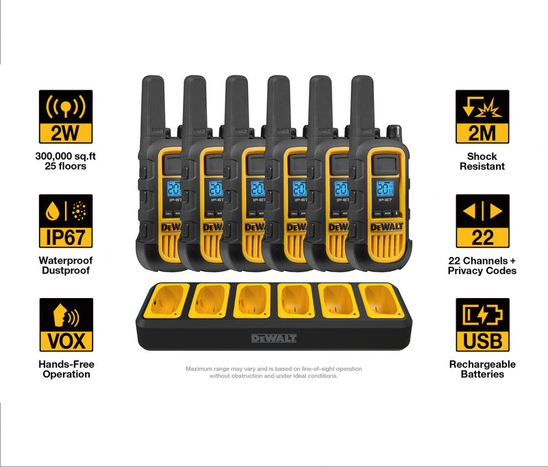 6 Dewalt Dxfrs800 Talkies Walkie Plus Ecouteurs - 2 Watt, Heavy Duty, 22 Canaux Radios Bidirectionnelles Longue Portee
