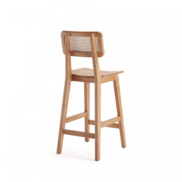 Tabouret de comptoir en bois a dossier cannage style industriel chic Versailles, naturel - Lot de 3