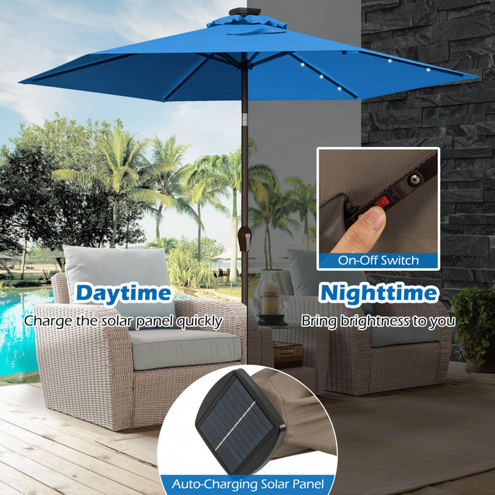 Costway Parasol solaire de patio 9FT avec LED, acier, inclinaison avec manivelle, bleu