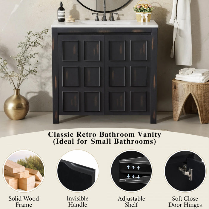 Meuble De Salle De Bain Laura 36\" En Bois Massif Avec Lavabo En Ceramique, Espresso
