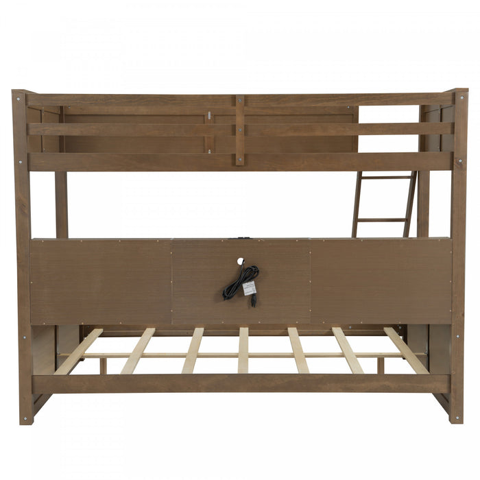 Lit superpose Liam en bois massif Twin XL sur Queen avec rangement et ports USB, brun