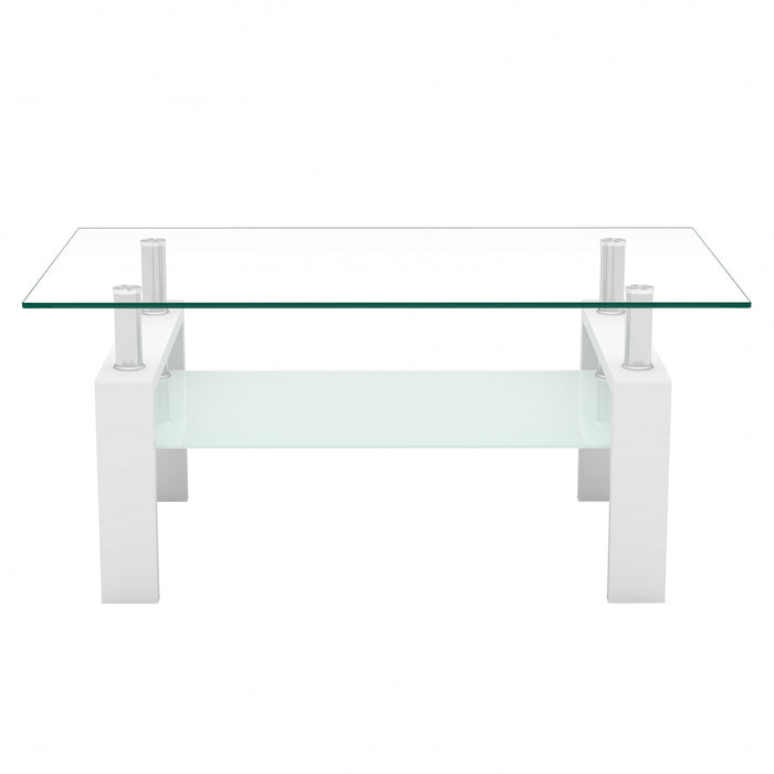 Table basse moderne rectangulaire en verre trempe transparent Liam, avec pieds blancs