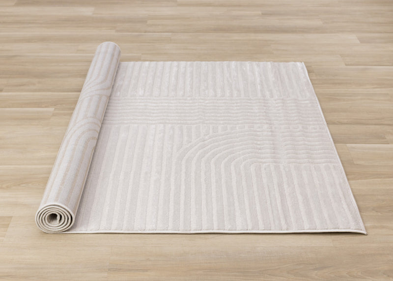 Carpette Leonardo blanche et grise à motif de rayures modernes - 5 pi 3 po x 7 pi 7 po