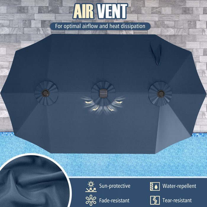 Costway Parasol de patio extra-large de 15,5 pieds avec lumieres solaires LED et 12 baleines robustes bleu marine