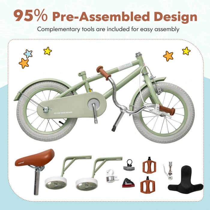 Costway 16\" Velo Pour Enfants Avec Guidon Reglable De Selle Roues D'entrainement Amovibles Frein A Main Vert