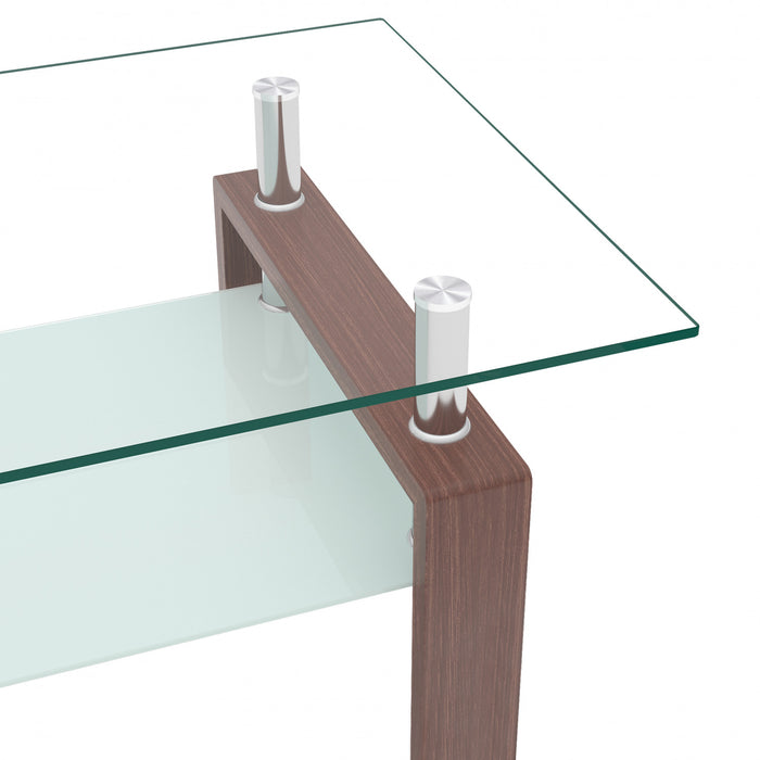 Table basse moderne rectangulaire en verre trempe transparent Liam, finition noyer
