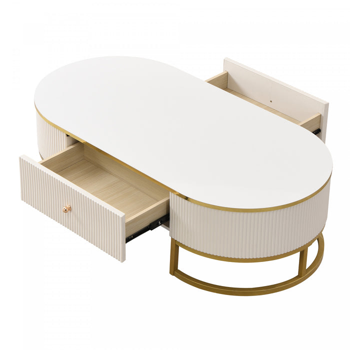 Table Basse Ovale Edison De 47,2\" En Bois Composite Avec Tiroirs De Rangement, Blanche