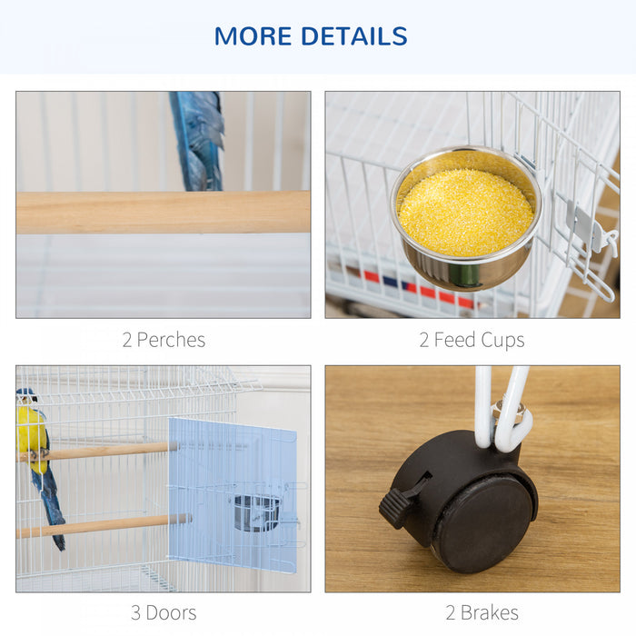 Pawhut Grande Cage A Oiseaux En Metal De 54'' Avec Support Roulant Detachable, Etagere De Rangement, Perchoir En Bois, Contenant A Nourriture, Blanc