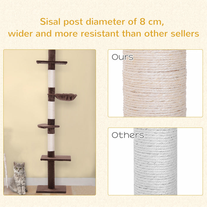 Pawhut 8.5ft Chat Escalade Arbre 5 Niveaux Kitty Centre D'activites Du Sol Au Plafond Chat Grimpeur Jouet Avec Grattoir Jouer Repos Post Meubles Pour Animaux De Compagnie Marron