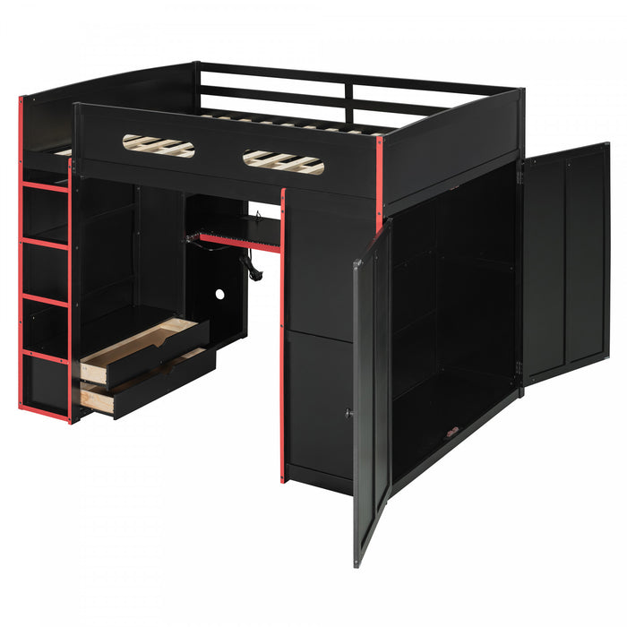 Jerry Lit mezzanine en bois avec bureau et rangement, Taille Double, Rouge