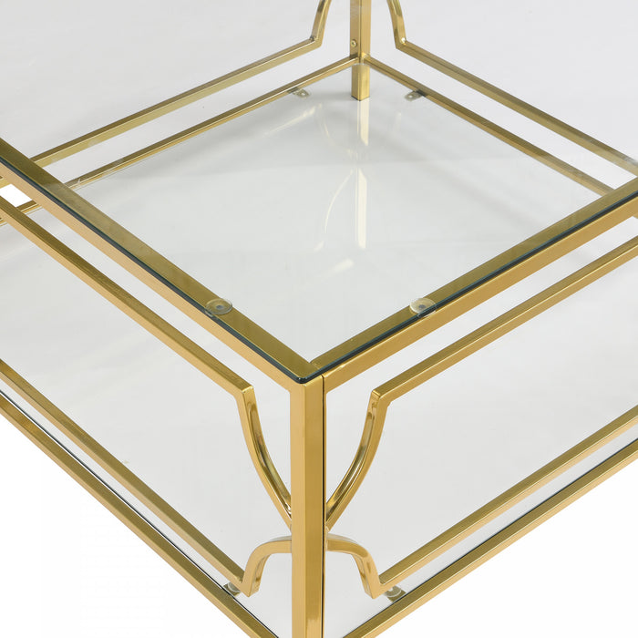 Gleam Table Basse Carree en Verre Trempe 33.5 po avec Cadre Geometrique Dore et Etagere Inferieure, Transparent