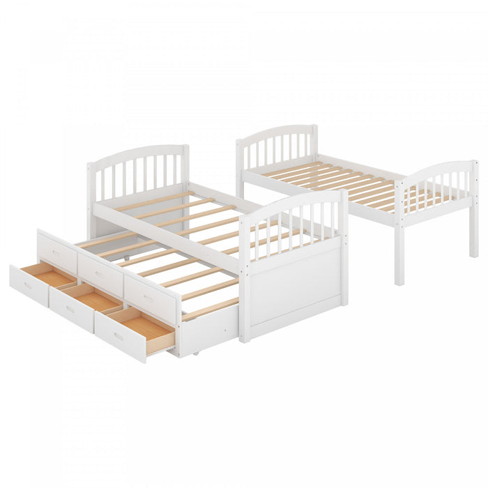 Sean – Lit Superpose Convertible En Bois Massif Avec Lit Gigogne Et Tiroirs, Format Simple, Blanc