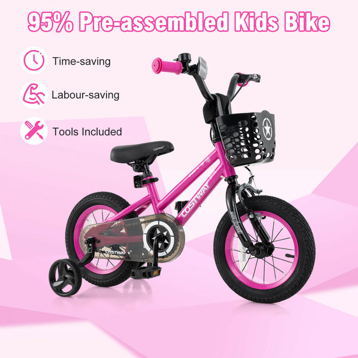 Costway 14\" Velo Pour Enfants Avec Roues D'entrainement Guidon Reglable Et Frein A Main De Siege Rose