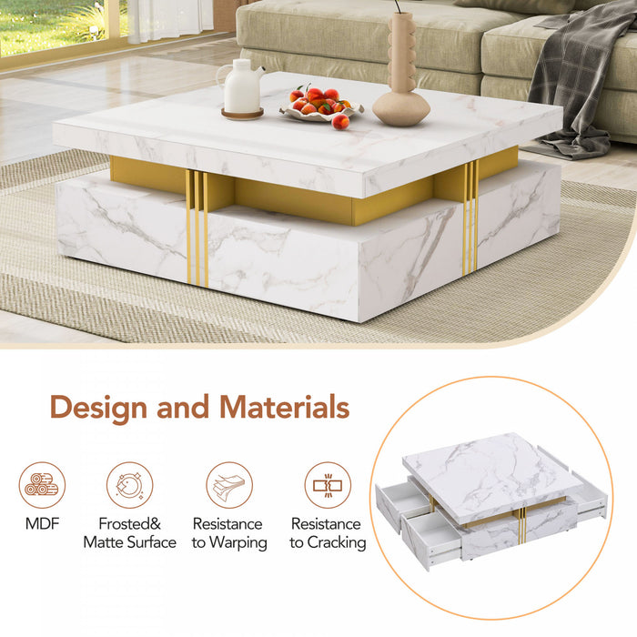 Table Basse Carree Marcia De 43,3\" En Bois Composite Avec Tiroirs De Rangement, Blanche
