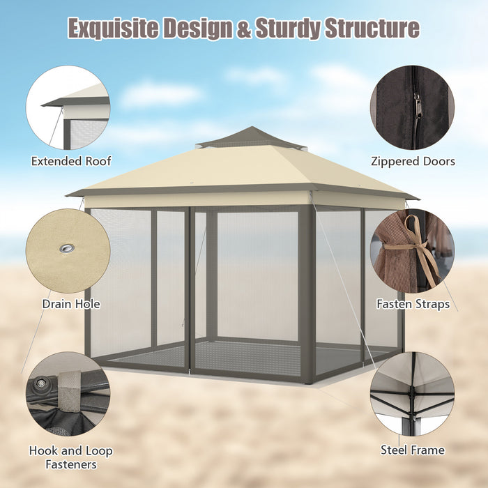 Costway 11’x11’ 2-tier Tente Pop-up Gazebo Abri A Canopy Portatif Sac De Transport Maille Brun