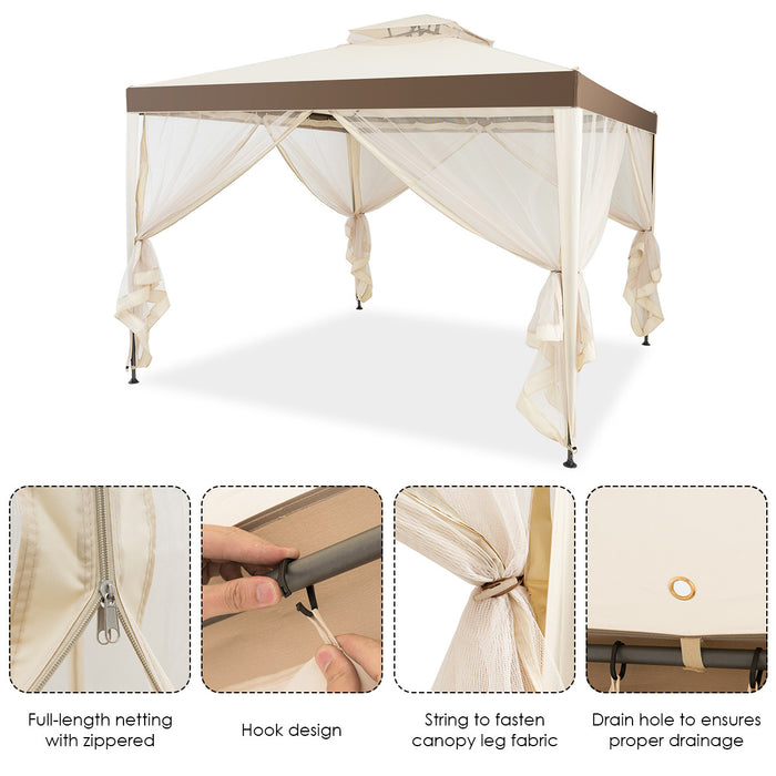 Tonnelle Pavillon De Jardin En Fer Et Polyester, Tente De Reception Avec Moustiquaire Et Toiles Laterales Amovibles Et Impermeables, Tente De Jardin A 4 Cotes 300 X 300 X 200/265 Cm, Beige&brun
