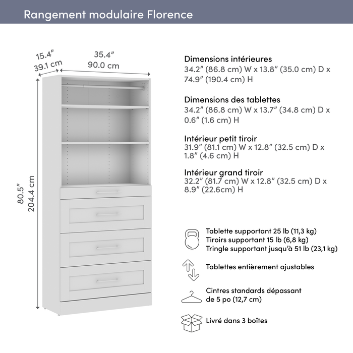 Système de garde-robe et pièce-penderie modulaire Florence de Bestar de 35 po avec rangement - blanc