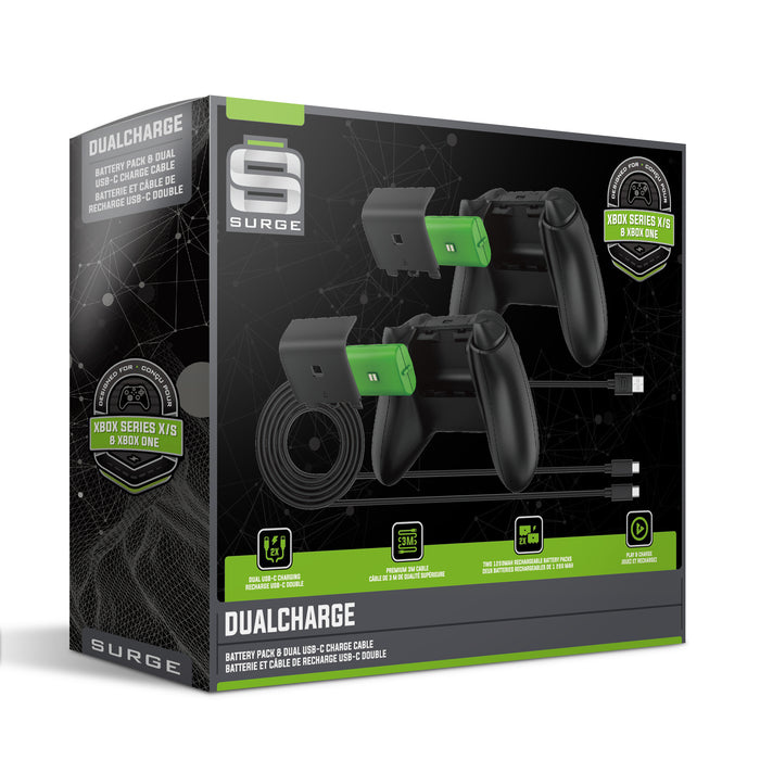 Piles et câble de recharge X1A de Surge noirs pour deux manettes Xbox de série X