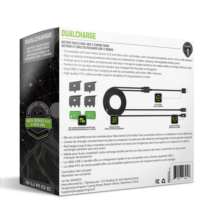 Piles et câble de recharge X1A de Surge noirs pour deux manettes Xbox de série X