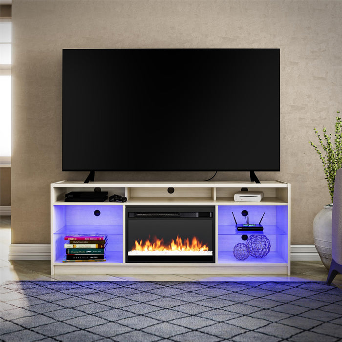 Meuble pour téléviseur Luna d’Ameriwood Home avec foyer électrique pour téléviseurs jusqu’à 65 po - chêne ivoire
