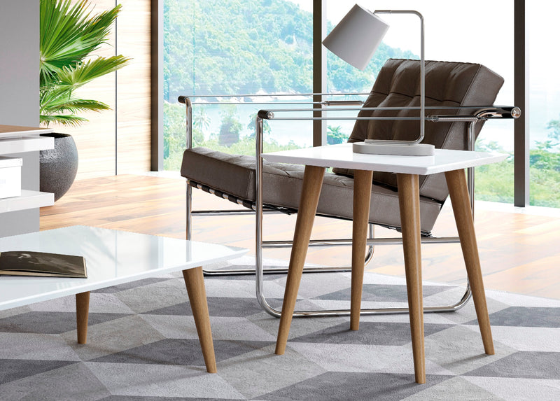 Grande table de bout carrée Utopia de Manhattan Comfort de 19,84 po avec pattes évasées en bois - blanc lustré