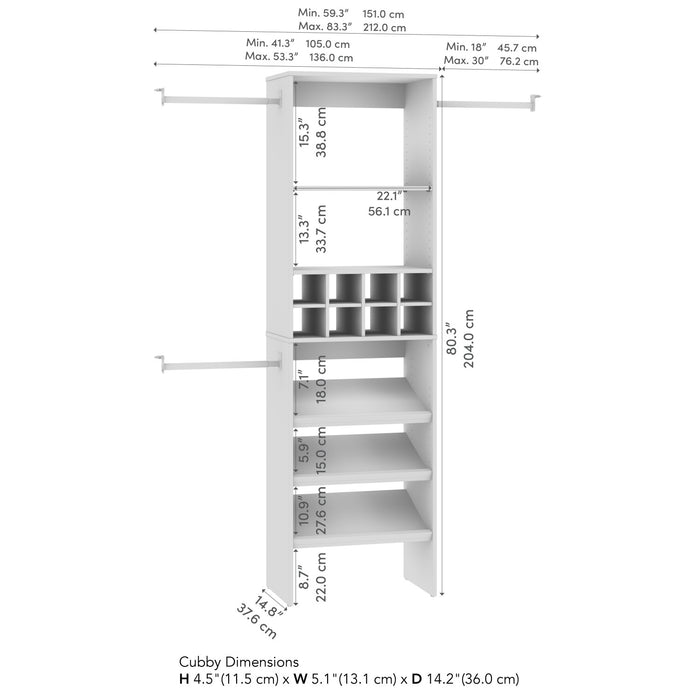 Organisateur de garde-robe Carina de Bestar de 24 po (L) avec tablettes pour chaussures, tringles à vêtements et compartiments - blanc