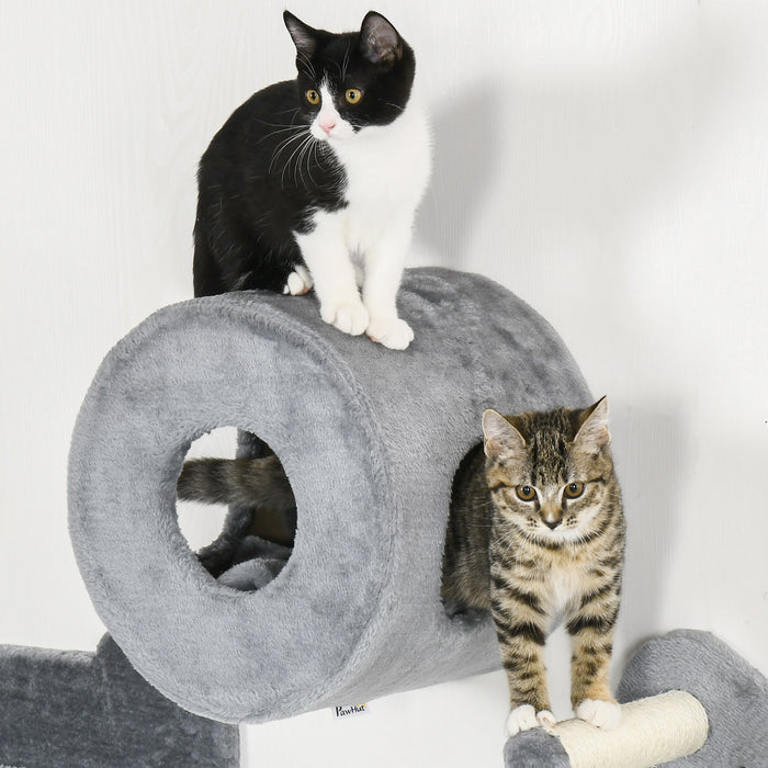 Pawhut Etageres Murales Pour Chats 4pcs, Ensemble D'etageres D'escalade Murales Pour Animaux De Compagnie, Centre D'activites Pour Chatons Avec Condo, Coussin, Griffoir, Plate-forme De Saut, Gris
