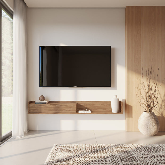 Meuble pour téléviseur mural mince Nordika de 72 po avec armoire de rangement - noyer clair