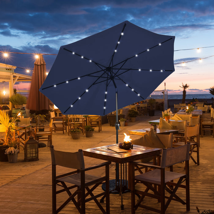 Parasol solaire Costway de 9 pieds avec LED, acier avec inclinaison a manivelle, exterieur, couleur marine