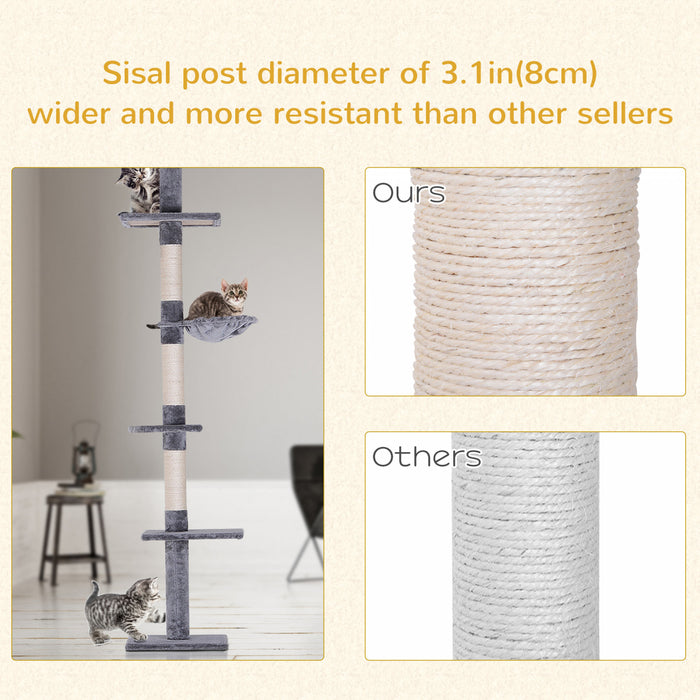 Pawhut Arbre D'escalade Pour Chat De 8,5 Pieds Centre D'activites Kitty A 5 Niveaux Jouet D'escalade Pour Chat Du Sol Au Plafond Avec Poteau A Gratter Meubles Pour Animaux Gris
