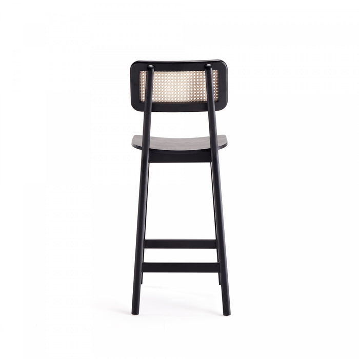 Tabouret de comptoir industriel chic Versailles avec dossier en cannage, bois noir et naturel - Lot de 2