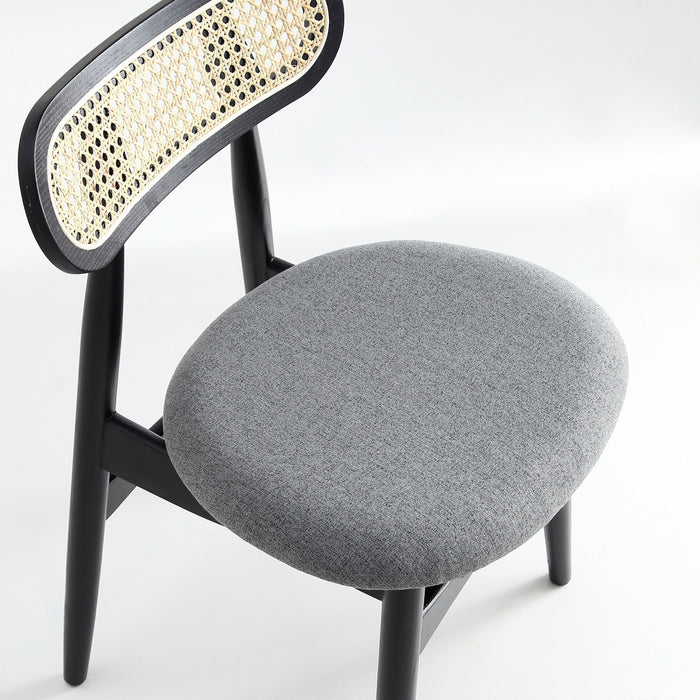 Chaise de salle a manger Colbert Industry Chic a dossier cannage en bois et assise rembourree, noir et gris - Lot de 4