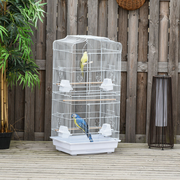 Pawhut 36\" Cage A Oiseaux Ara Maison De Jeu Cacatoes Perroquet Cage De Vol 2 Portes Perchoir 4 Mangeoire Fournitures Pour Animaux Blanc
