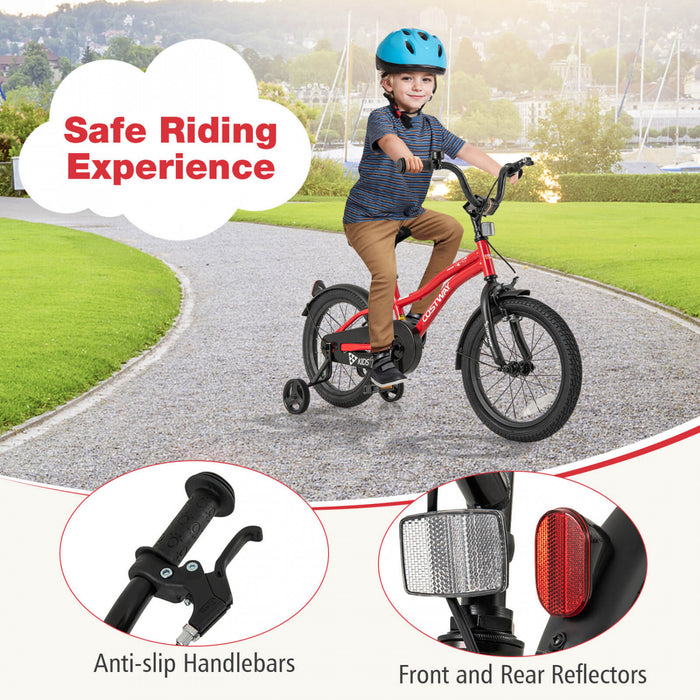 Velo Costway 16\" Pour Enfants Pour Garcons Et Filles De 4 A 7 Ans Avec Reflecteurs Reglables De Frein A Main De Siege Rouge