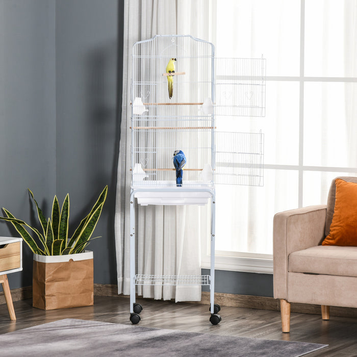 Pawhut 62\" Cage Pour Oiseaux Cacatoes Maison De Jeu Pinson Fournitures Pour Animaux Avec Roues Blanches