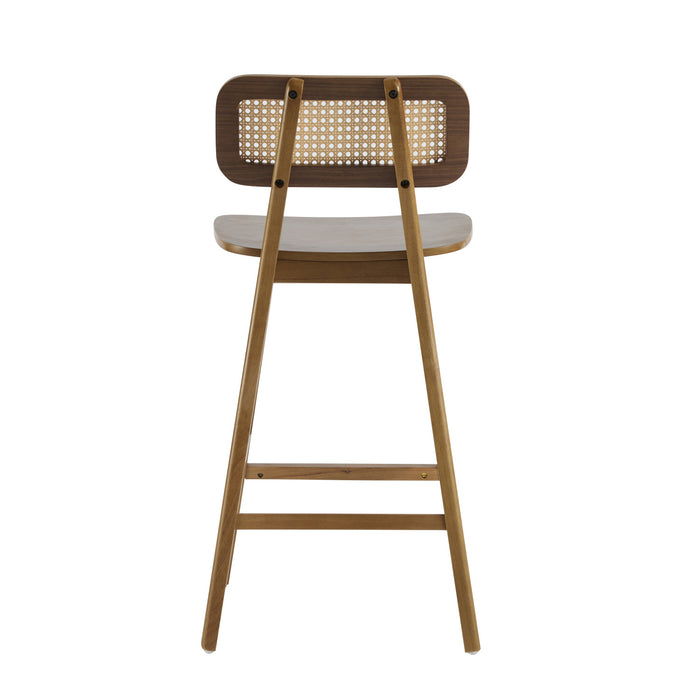 Bari lot de 2 tabourets de comptoir en bois de caoutchouc avec dossier en rotin et repose-pieds, couleur noyer