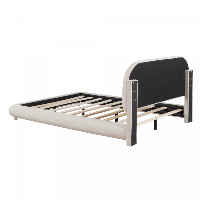 Lit plateforme Sophie rembourre en polaire Teddy avec tissu doux et cadre robuste, taille Full, beige