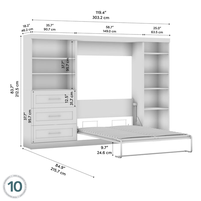 Lit double escamotable mural Pur de Bestar de 120 po avec tablettes et tiroirs