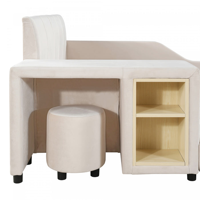 Lit Lily en velours rembourre avec bureau et tabouret, taille Queen, beige