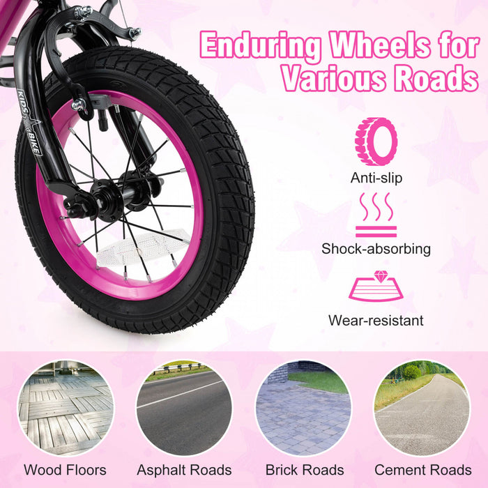 Costway 14\" Velo Pour Enfants Avec Roues D'entrainement Guidon Reglable Et Frein A Main De Siege Rose