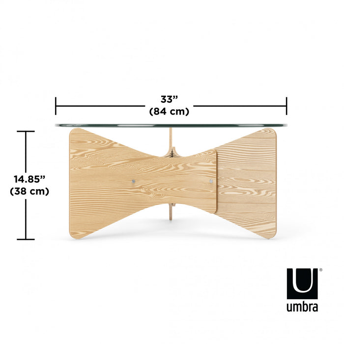Table à café ronde moderne Madera de Umbra en bois massif avec dessus en verre - naturelle