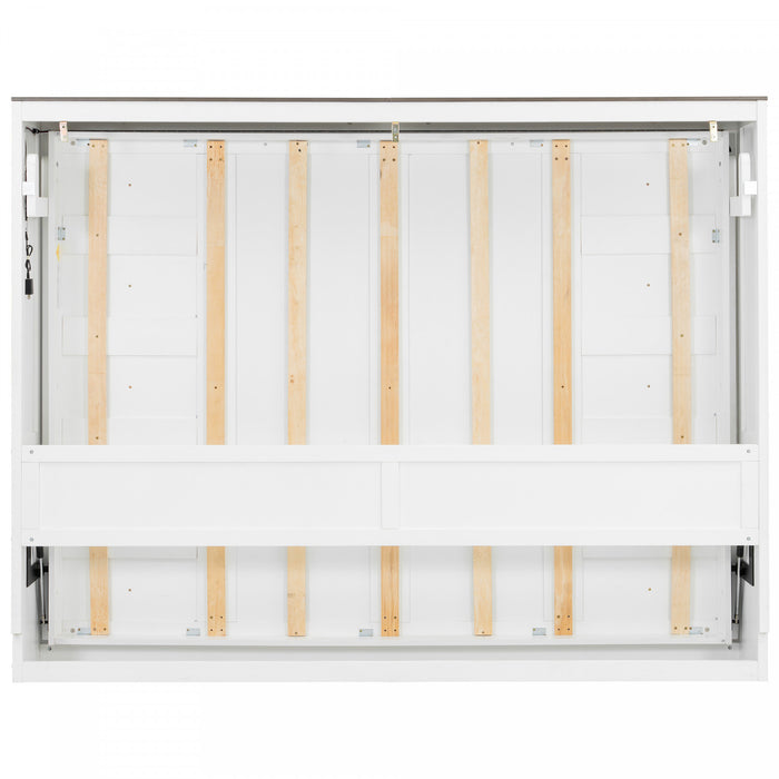 Lit escamotable Olivia en bois massif avec lumiere LED et armoire pliante, taille full, blanc
