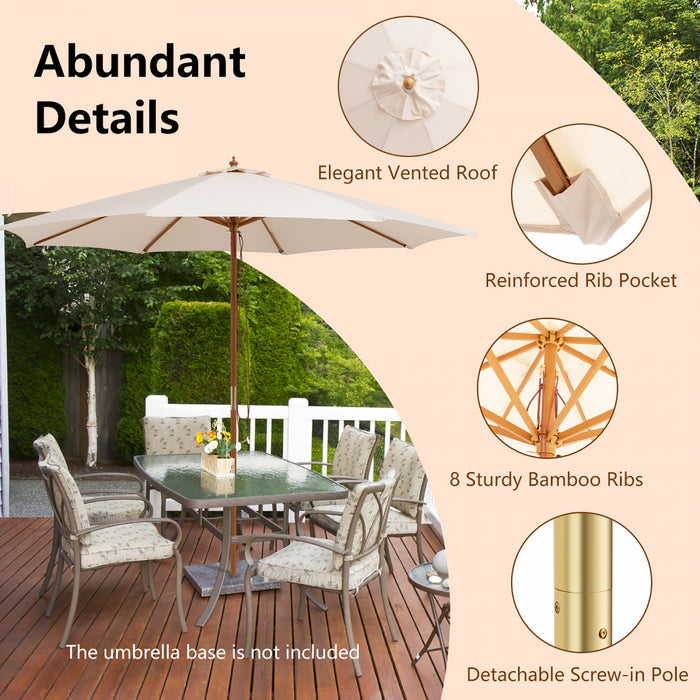 Parasol de marche de patio en bois de 10 pieds avec poulie et 8 baleines en bambou, toile d'ombrage