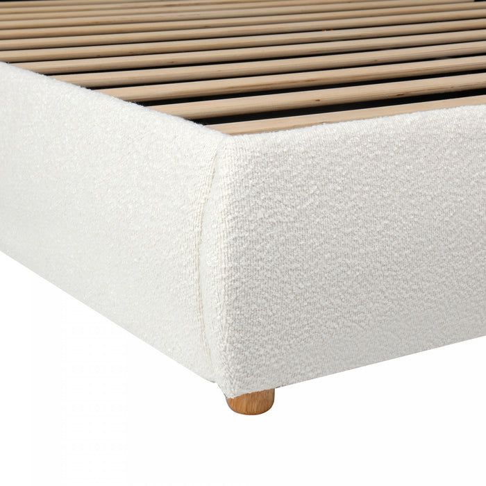 Lit plateforme Camille avec tete de lit incurvee et tapissage boucle luxueux, taille Queen, blanc